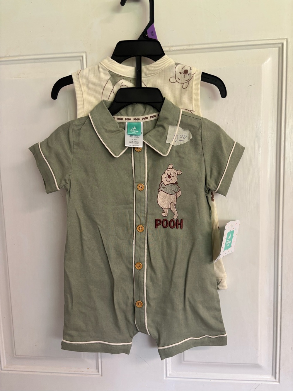 NWT 12M Winnie The Pooh Green/Cream 2 Pack short sleeve/sleeveless short Rompers